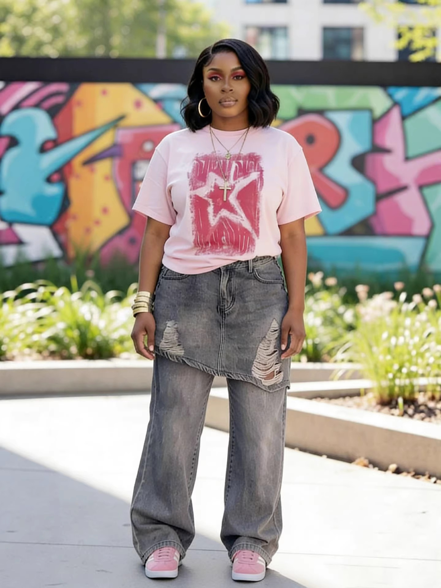 Faux Two-Piece Irregular Ripped Denim Jeans for Streetwear