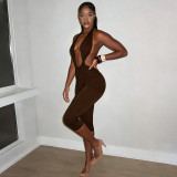 Summer Women Solid Color Halter Neck Tie Knot Low Back Cropped Jumpsuit