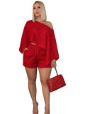 Holiday Women Solid Color Chic Off-Shoulder Loose Top Casual Shorts Two-Piece Set