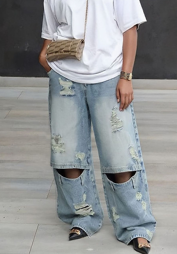 Women Street Knee Ripped Washed Denim Pants