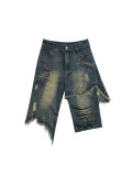 Women Street Asymmetric Frayed Raw Edge Five-Point Denim Pants