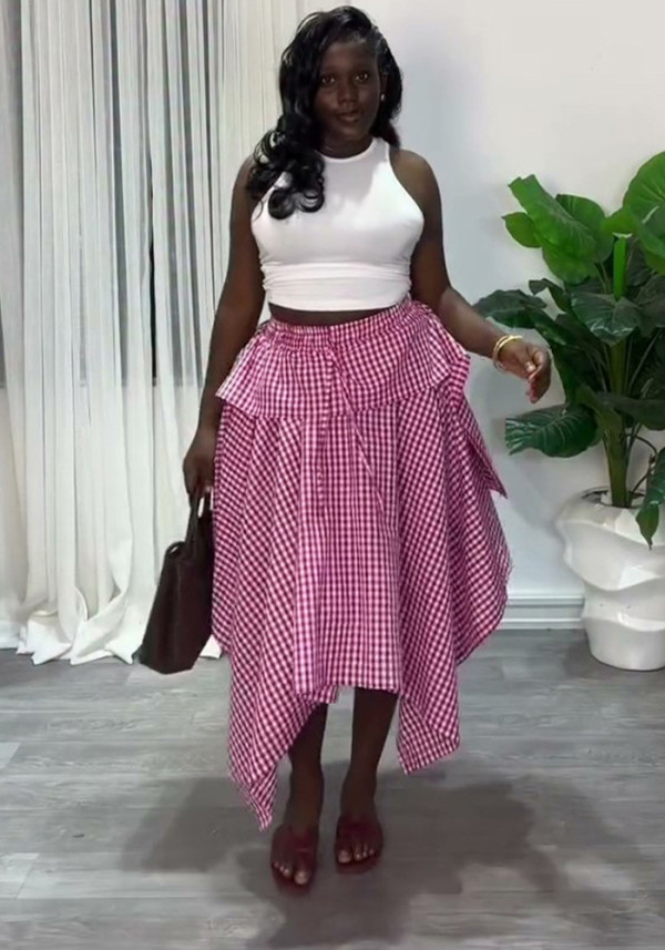 Summer Women Plaid Irregular High-Waist Elastic Waist Tie Midi Skirt