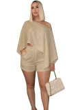 Holiday Women Solid Color Chic Off-Shoulder Loose Top Casual Shorts Two-Piece Set
