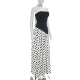 Summer Women Patchwork Polka Dot Halter Neck Strapless Ribbon High-Slit Dress