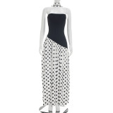 Summer Women Patchwork Polka Dot Halter Neck Strapless Ribbon High-Slit Dress