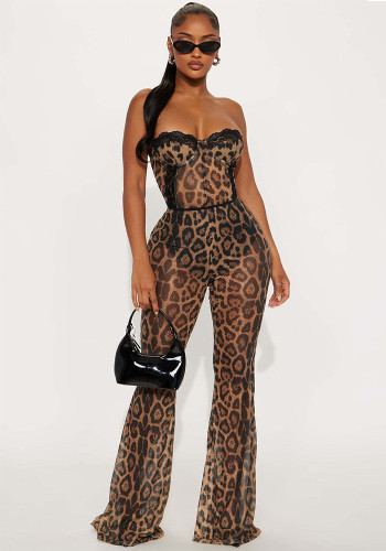 Women Sexy Leopard Print Strapless Tight Fitting Two-Piece Set