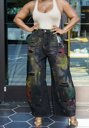 Women Street Painted Graffiti Ripped Denim Pants