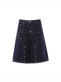 Women Street Fake Two-Piece Double Waist Rivet Denim Shorts