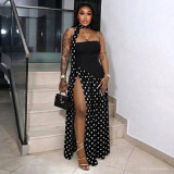 Summer Women Patchwork Polka Dot Halter Neck Strapless Ribbon High-Slit Dress