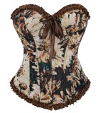 Women Floral Painting Jacquard Corset Lace-Up Ruffled Strapless Bustier Top