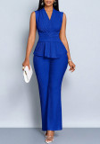 Women V-Neck Sleeveless Career Slim Waist Slim Fit Pleated Wide-Leg Pants Two-Piece Set