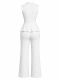 Women V-Neck Sleeveless Career Slim Waist Slim Fit Pleated Wide-Leg Pants Two-Piece Set