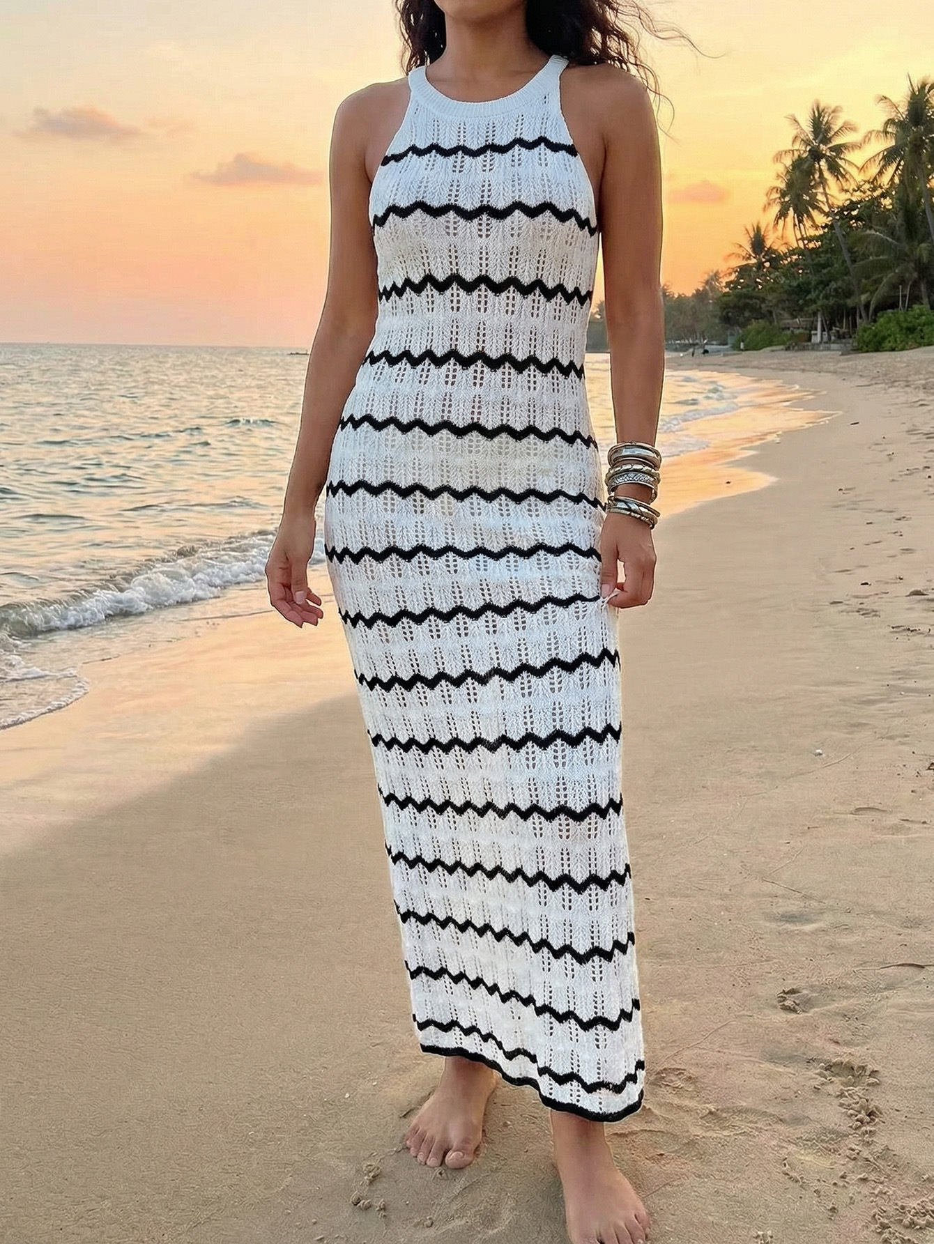 Striped Hollow-Out Sleeveless Bodycon Cover-Up Dress for Beachwear