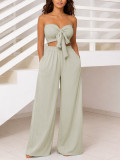 Women Strapless High-Waist Tie Wide-Leg Pants Two-Piece Set
