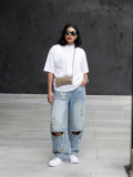 Women Street Knee Ripped Washed Denim Pants