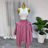 Summer Women Plaid Irregular High-Waist Elastic Waist Tie Midi Skirt