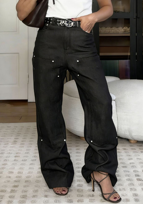 Women Street Rivet Spliced Washed Straight-Leg Denim Pants
