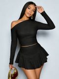 Women Off Shoulder High Stretch Slim Fit Mini Skirt Set Two-Piece Set