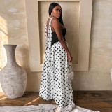 Summer Women Patchwork Polka Dot Halter Neck Strapless Ribbon High-Slit Dress