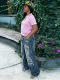Women Street Ripped Cut & Paint Washed Denim Pants