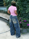 Women Street Ripped Cut & Paint Washed Denim Pants