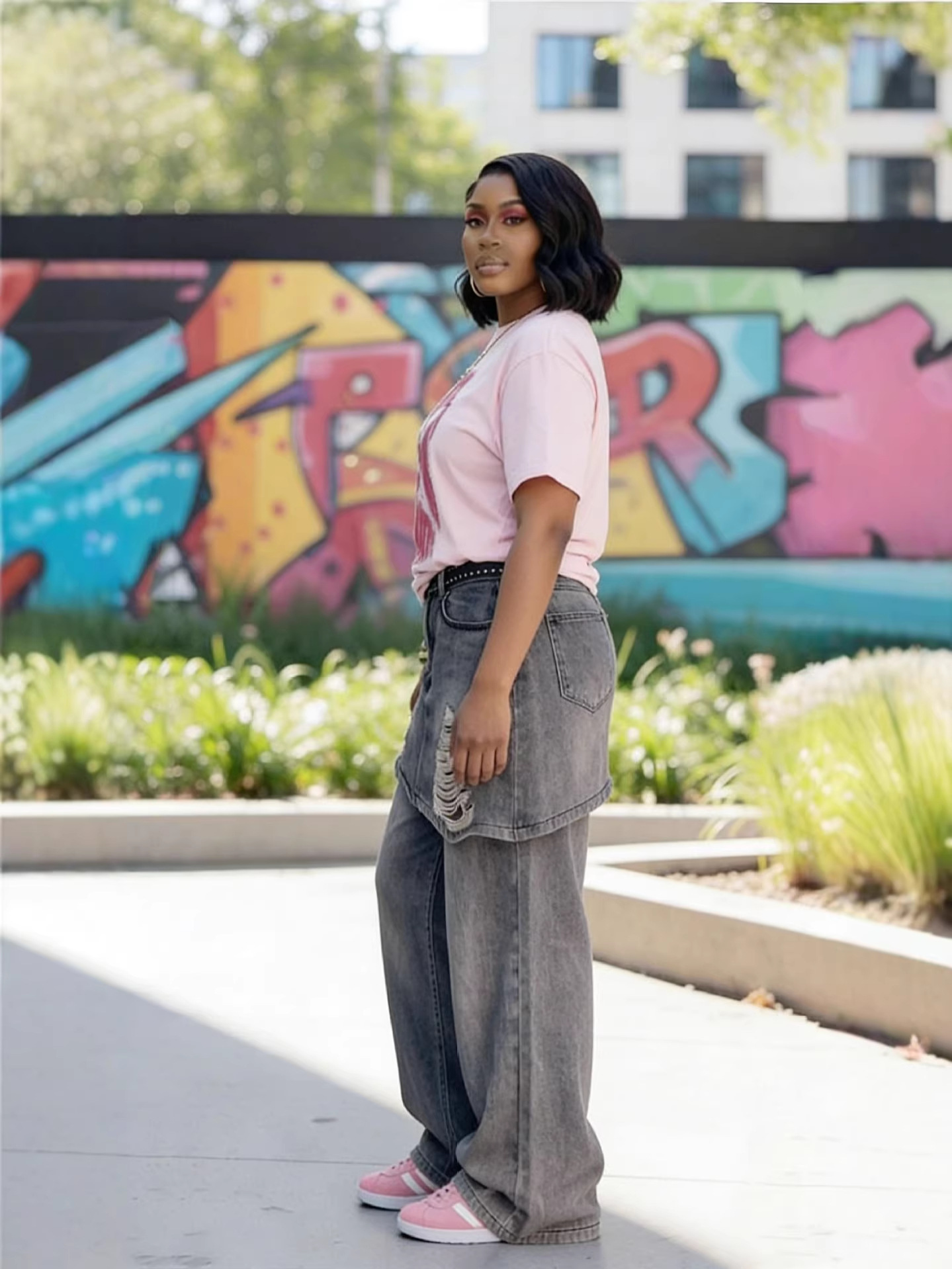 Faux Two-Piece Irregular Ripped Denim Jeans for Streetwear