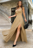 Women Solid Color V-Neck Slit Swing Sleeveless Formal Dress