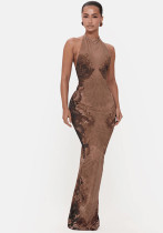 Spring Women Chic Printed Halter Neck Low Back Slim Sexy Dress