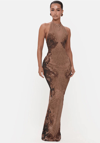 Spring Women Chic Printed Halter Neck Low Back Slim Sexy Dress