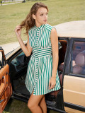 Summer Women Casual Fashion Striped Stand Collar Sleeveless Single-Breasted Shirt Dress