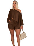 Holiday Women Solid Color Chic Off-Shoulder Loose Top Casual Shorts Two-Piece Set
