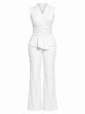 Women V-Neck Sleeveless Career Slim Waist Slim Fit Pleated Wide-Leg Pants Two-Piece Set