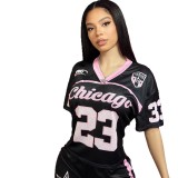 Summer Women American Street Style Mesh Jersey High-Waist Shorts Two-Piece Outfit