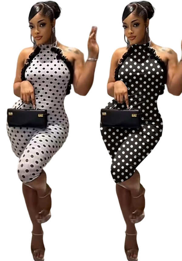 Women Halter Neck Polka Dot Patchwork Stretch Slim Fit Jumpsuit