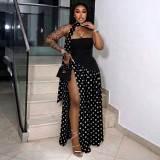 Summer Women Patchwork Polka Dot Halter Neck Strapless Ribbon High-Slit Dress