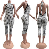 Women Halter Neck Polka Dot Patchwork Stretch Slim Fit Jumpsuit