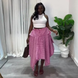 Summer Women Plaid Irregular High-Waist Elastic Waist Tie Midi Skirt