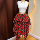 Summer Women Plaid Irregular High-Waist Tie A-Line Skirt