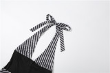 Women Summer V Neck Patchwork Halter Neck Lace-Up Jumpsuit