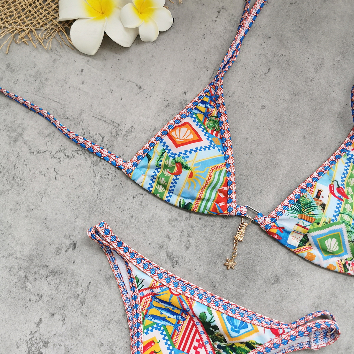 Printed Lace-Up Backless Two-Piece Bikini for Summer Vacations