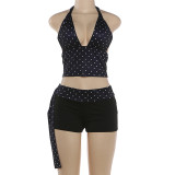 Women Summer Polka Dot Print Halter Neck Vest and Shorts Two Pieces