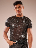Men's Sexy Sparkling Rhinestone See-Through Round Neck Top