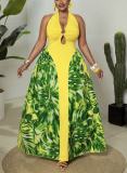 Women Summer Backless Sleeveless Lace-Up Hollow Out Color Block Dress