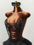 Women Vest Pearl Bra Cover Chain Halter Neck Top