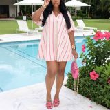 Women V Neck Stripe Summer Puff Sleeve Shirt Dress