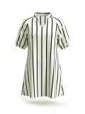 Women V Neck Stripe Summer Puff Sleeve Shirt Dress