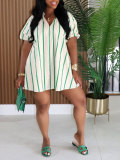 Women V Neck Stripe Summer Puff Sleeve Shirt Dress
