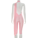 Women Summer Sexy Halter Neck Ribbon Backless Cropped Jumpsuit