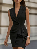 Women Solid Color Turndown Collar Slim Fit Sleeveless Dress