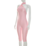 Women Summer Sexy Halter Neck Ribbon Backless Cropped Jumpsuit